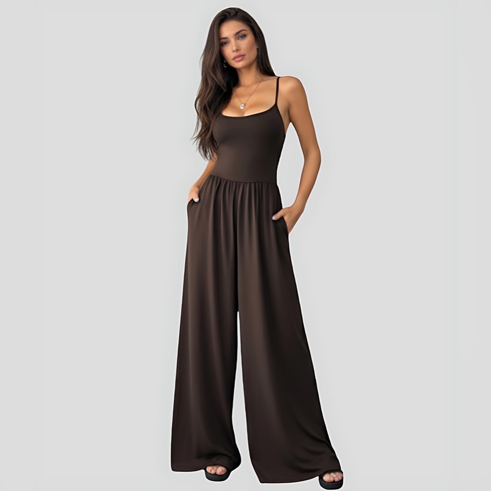 Boho Spaghetti Strap Wide Leg Jumpsuit With Pockets Brown